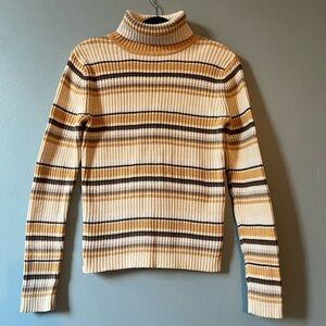Striped Turtleneck Sweater - Cream and Brown
